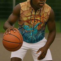 Egyptian Tefnut Fiery Eye Sleeveless Zip Hoodie with Roaring Lion in Desert and Water Element