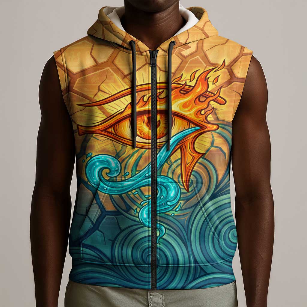 Egyptian Tefnut Fiery Eye Sleeveless Zip Hoodie with Roaring Lion in Desert and Water Element