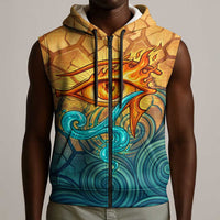 Egyptian Tefnut Fiery Eye Sleeveless Zip Hoodie with Roaring Lion in Desert and Water Element