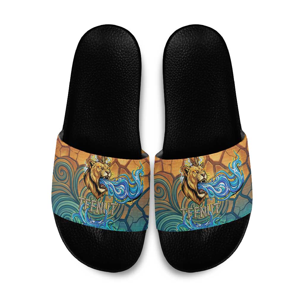 Egyptian Tefnut Fiery Eye Slide Sandals with Roaring Lion in Desert and Water Element