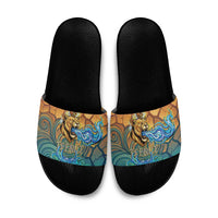 Egyptian Tefnut Fiery Eye Slide Sandals with Roaring Lion in Desert and Water Element