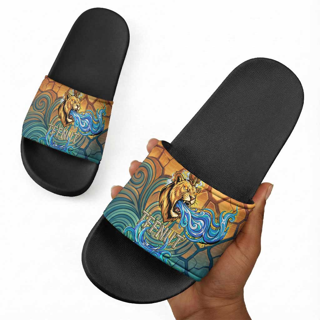 Egyptian Tefnut Fiery Eye Slide Sandals with Roaring Lion in Desert and Water Element