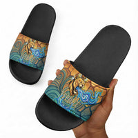 Egyptian Tefnut Fiery Eye Slide Sandals with Roaring Lion in Desert and Water Element
