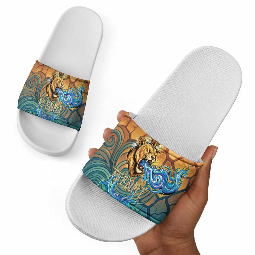 Egyptian Tefnut Fiery Eye Slide Sandals with Roaring Lion in Desert and Water Element