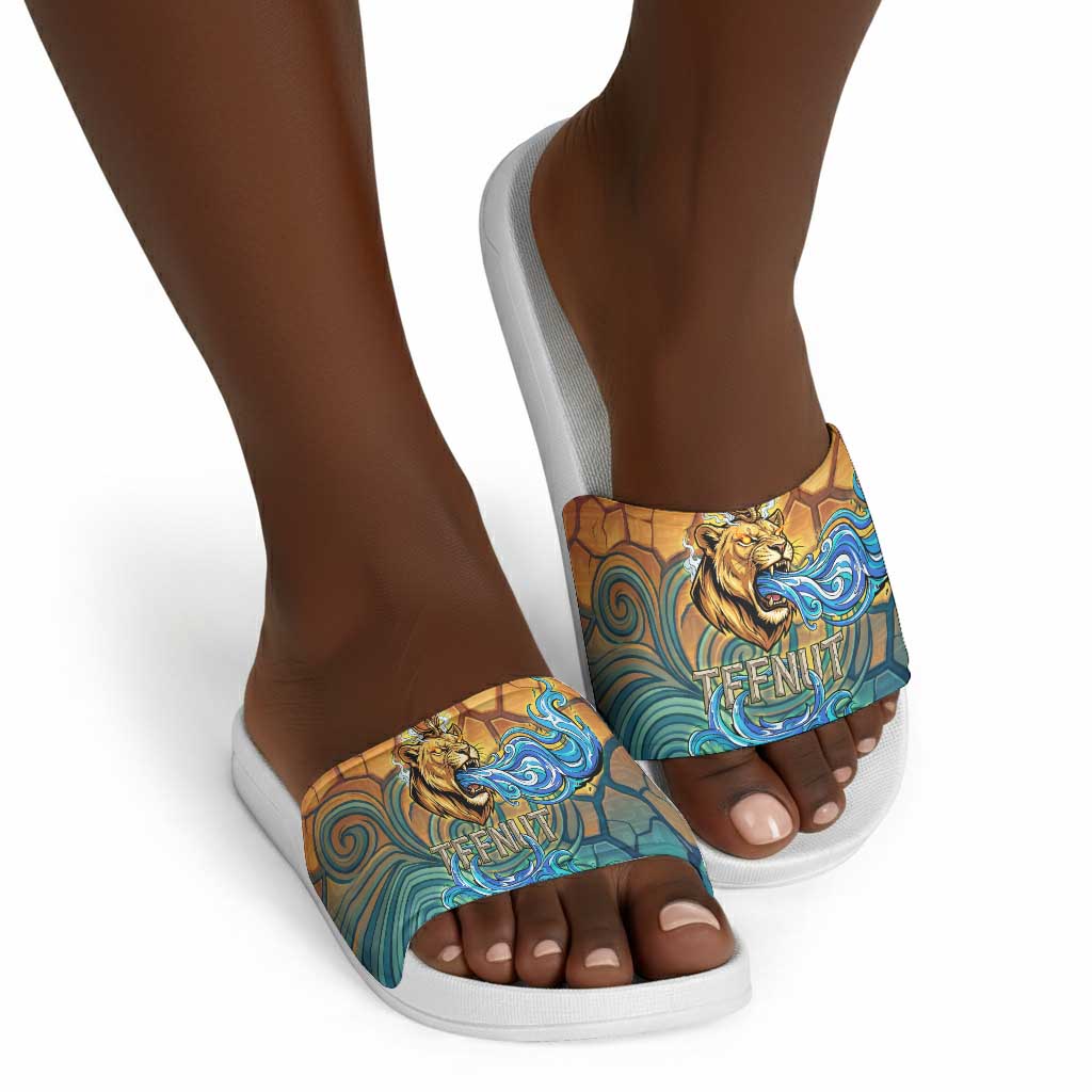 Egyptian Tefnut Fiery Eye Slide Sandals with Roaring Lion in Desert and Water Element