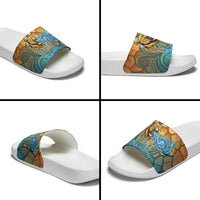 Egyptian Tefnut Fiery Eye Slide Sandals with Roaring Lion in Desert and Water Element