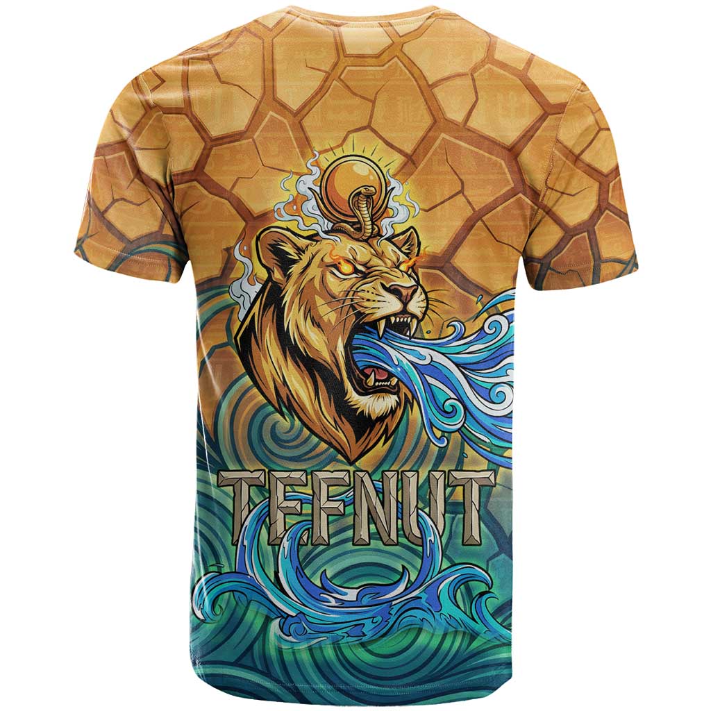 Egyptian Tefnut Fiery Eye T shirt with Roaring Lion in Desert and Water Element