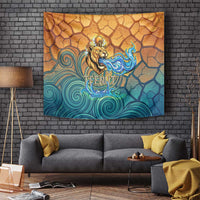 Egyptian Tefnut Fiery Eye Tapestry with Roaring Lion in Desert and Water Element