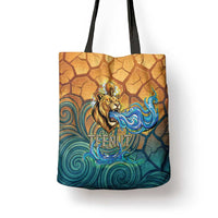 Egyptian Tefnut Fiery Eye Tote Bag with Roaring Lion in Desert and Water Element
