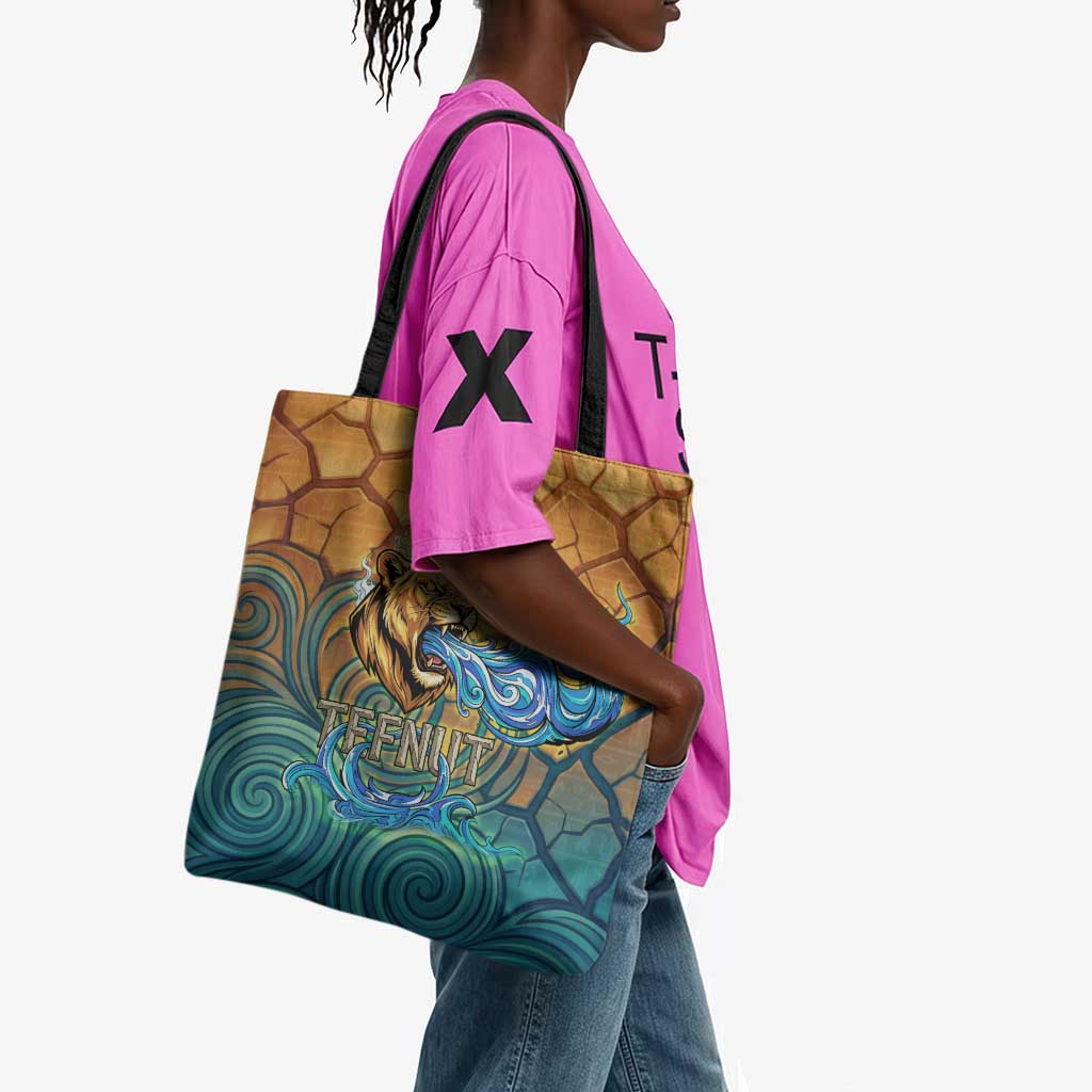 Egyptian Tefnut Fiery Eye Tote Bag with Roaring Lion in Desert and Water Element