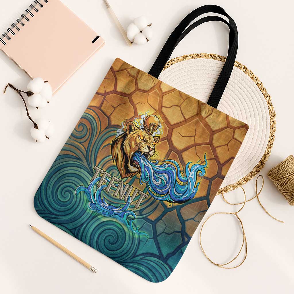 Egyptian Tefnut Fiery Eye Tote Bag with Roaring Lion in Desert and Water Element