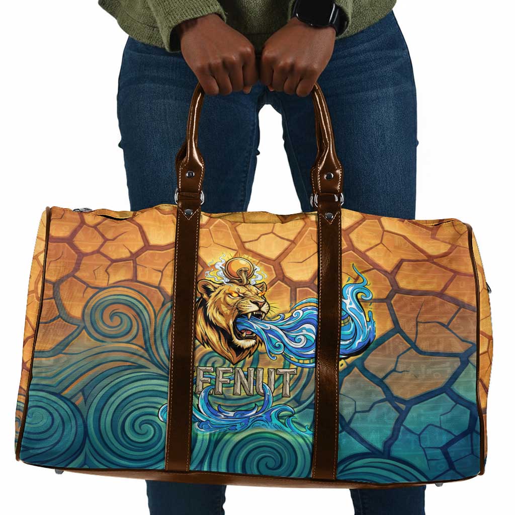 Egyptian Tefnut Fiery Eye Travel Bag with Roaring Lion in Desert and Water Element