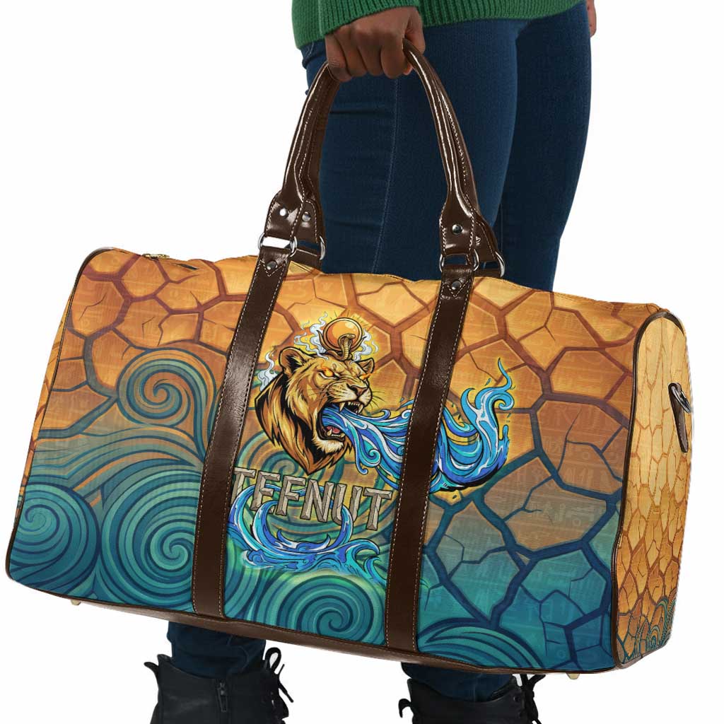 Egyptian Tefnut Fiery Eye Travel Bag with Roaring Lion in Desert and Water Element