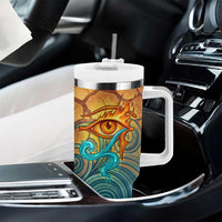 Egyptian Tefnut Fiery Eye Tumbler With Handle with Roaring Lion in Desert and Water Element