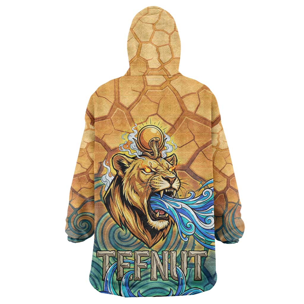 Egyptian Tefnut Fiery Eye Wearable Blanket Hoodie with Roaring Lion in Desert and Water Element