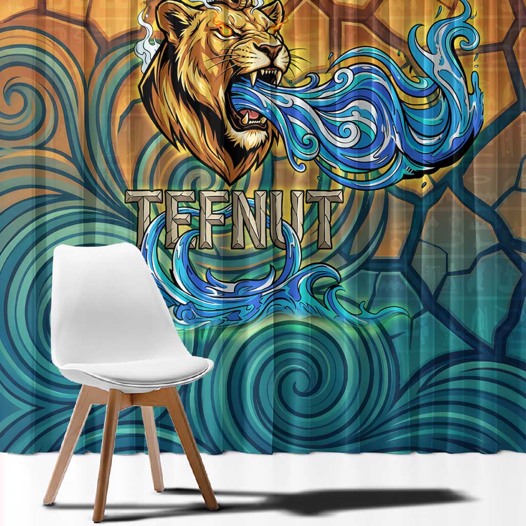 Egyptian Tefnut Fiery Eye Window Curtain with Roaring Lion in Desert and Water Element