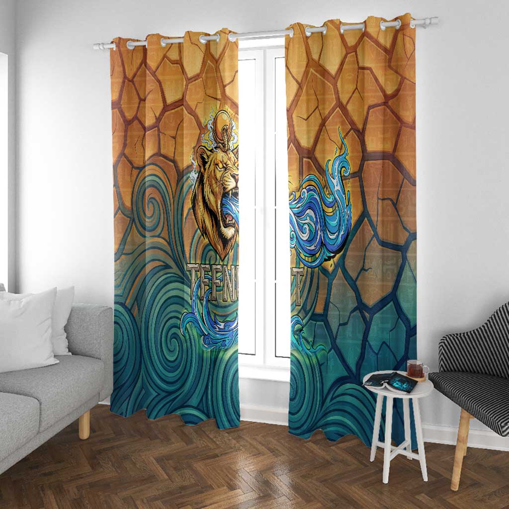 Egyptian Tefnut Fiery Eye Window Curtain with Roaring Lion in Desert and Water Element
