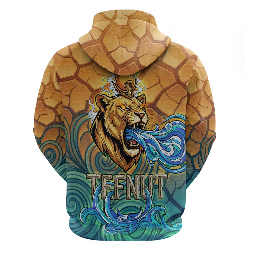 Egyptian Tefnut Fiery Eye Zip Hoodie with Roaring Lion in Desert and Water Element