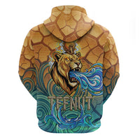 Egyptian Tefnut Fiery Eye Zip Hoodie with Roaring Lion in Desert and Water Element