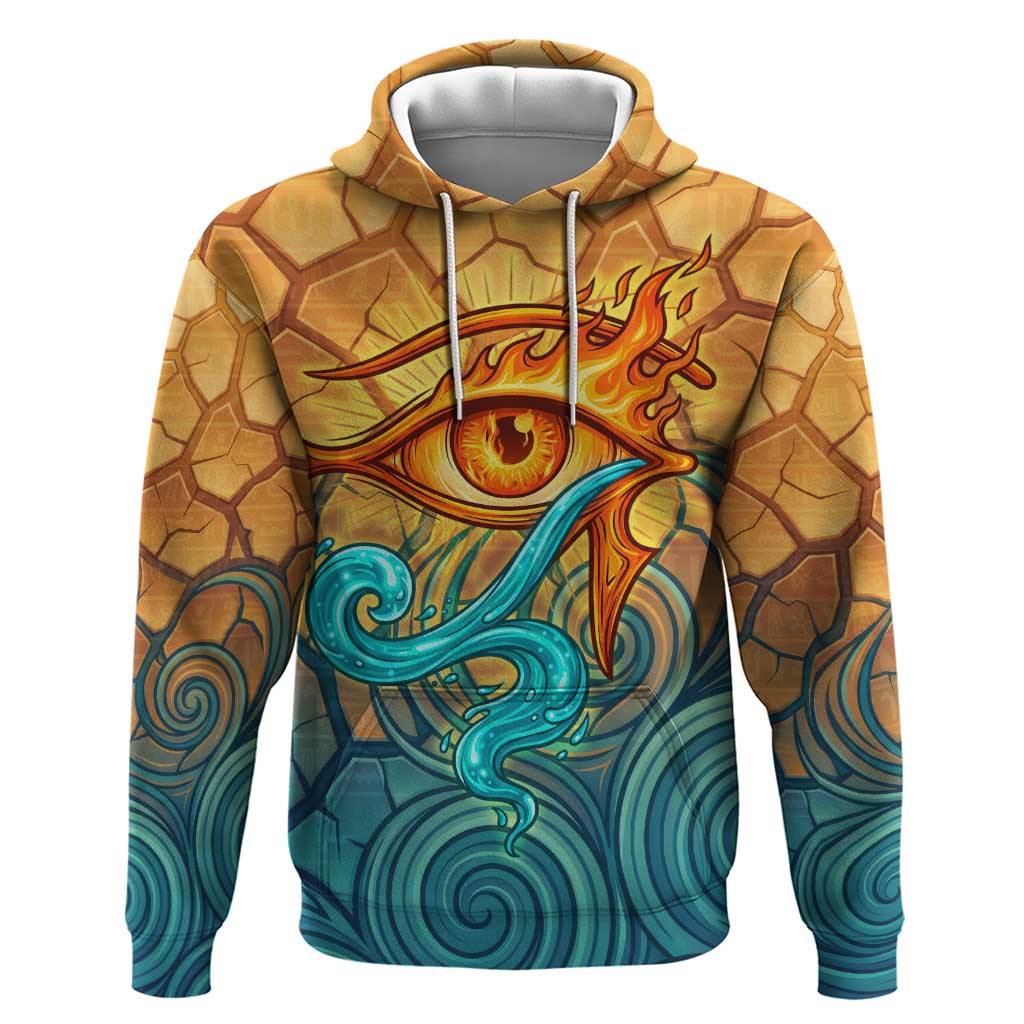 Egyptian Tefnut Fiery Eye Zip Hoodie with Roaring Lion in Desert and Water Element