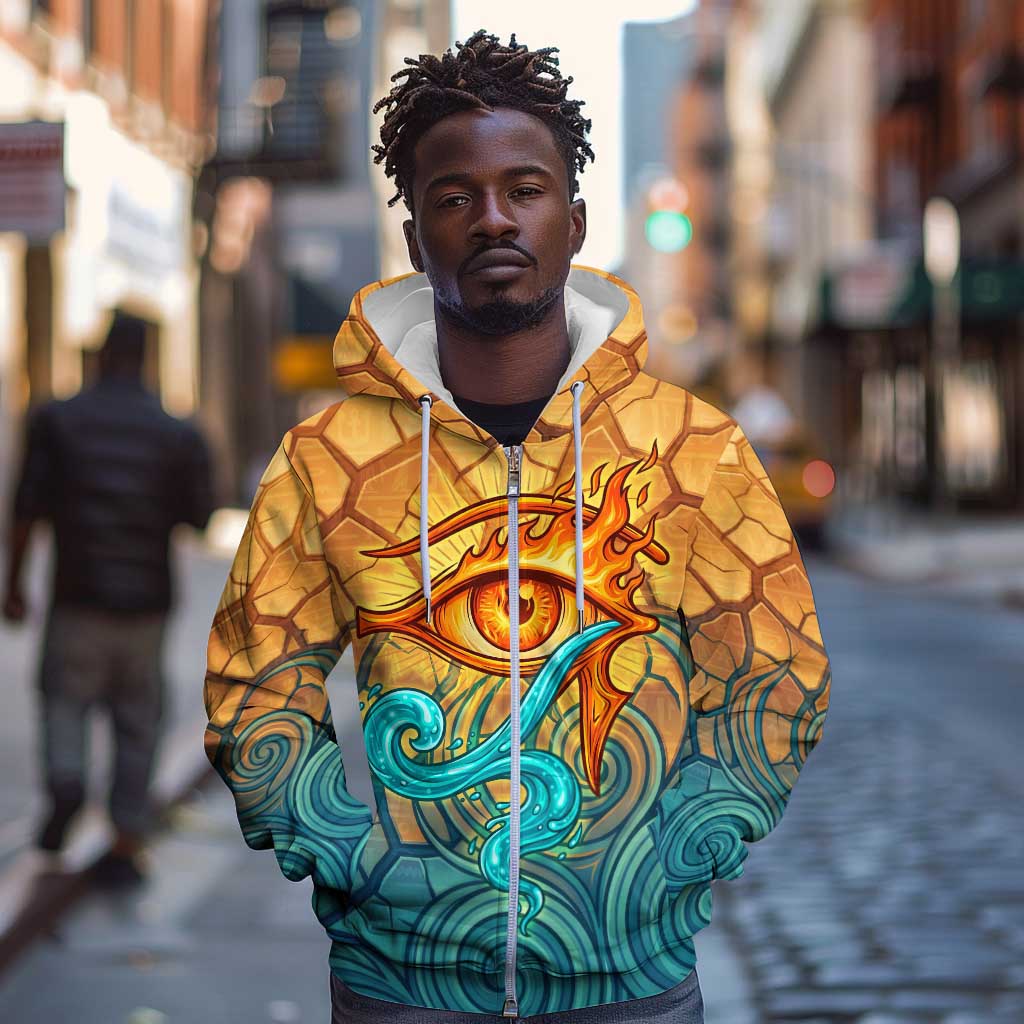 Egyptian Tefnut Fiery Eye Zip Hoodie with Roaring Lion in Desert and Water Element
