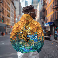 Egyptian Tefnut Fiery Eye Zip Hoodie with Roaring Lion in Desert and Water Element
