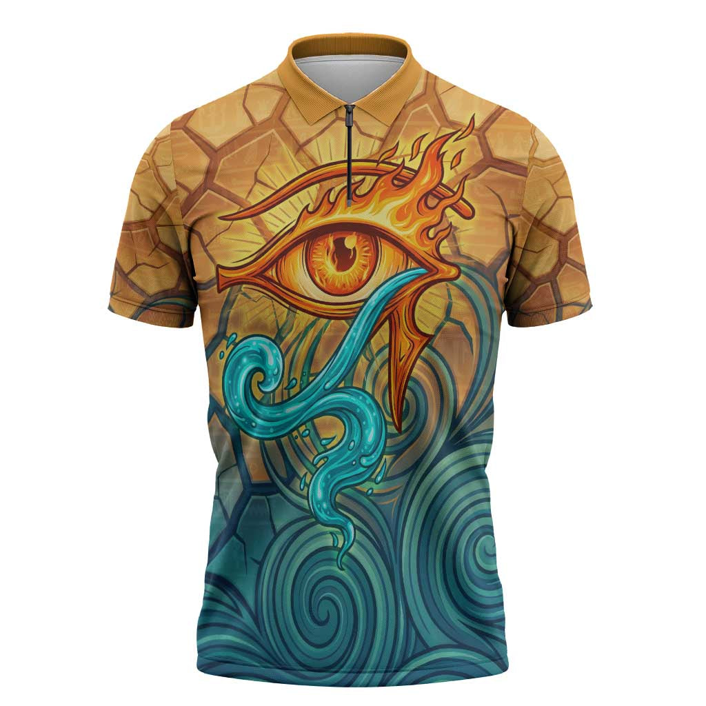 Egyptian Tefnut Fiery Eye Zipper Polo Shirt with Roaring Lion in Desert and Water Element