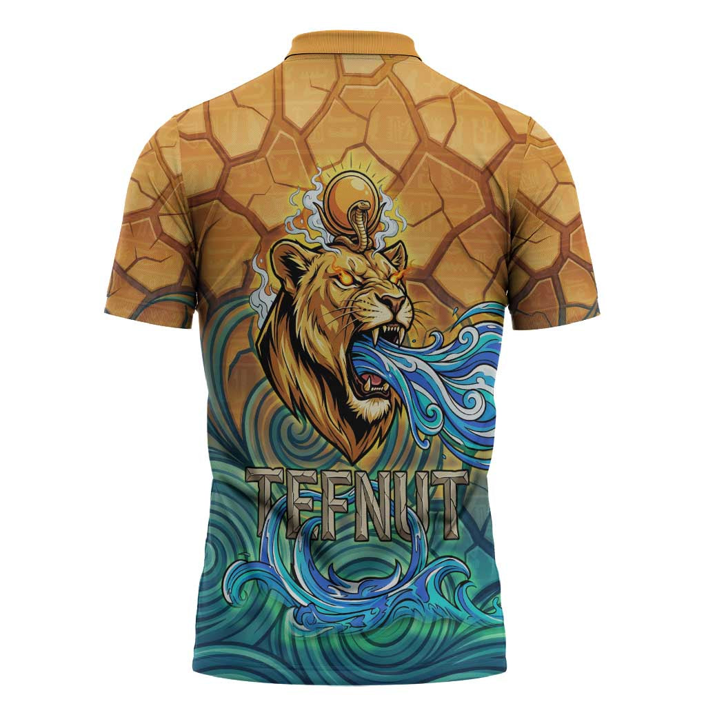 Egyptian Tefnut Fiery Eye Zipper Polo Shirt with Roaring Lion in Desert and Water Element