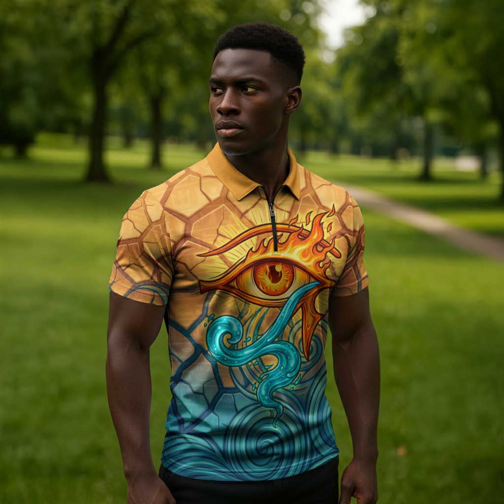 Egyptian Tefnut Fiery Eye Zipper Polo Shirt with Roaring Lion in Desert and Water Element