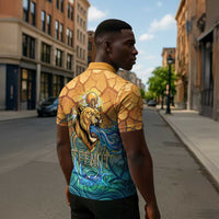 Egyptian Tefnut Fiery Eye Zipper Polo Shirt with Roaring Lion in Desert and Water Element