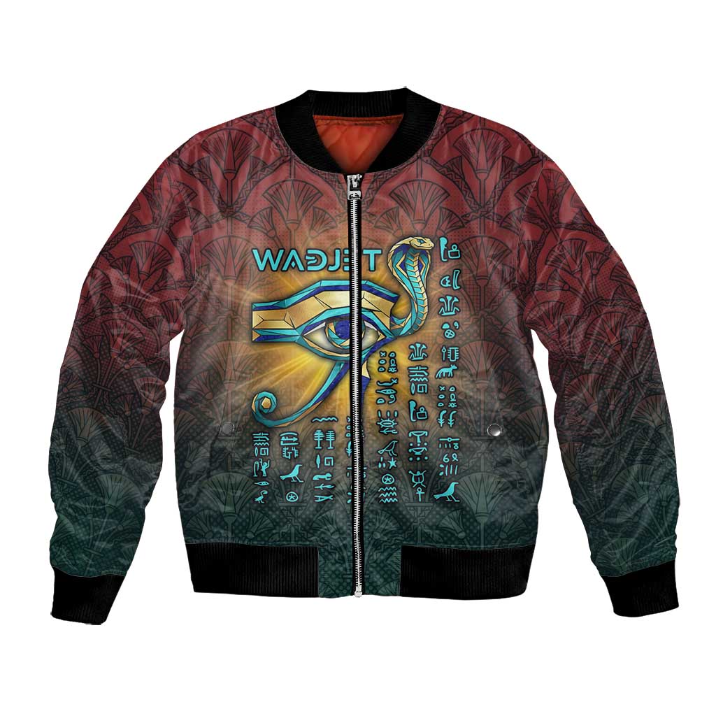 Egyptian Wadjet Winged Cobra Bomber Jacket with Eye of Horus in Fiery Royal Protector Theme