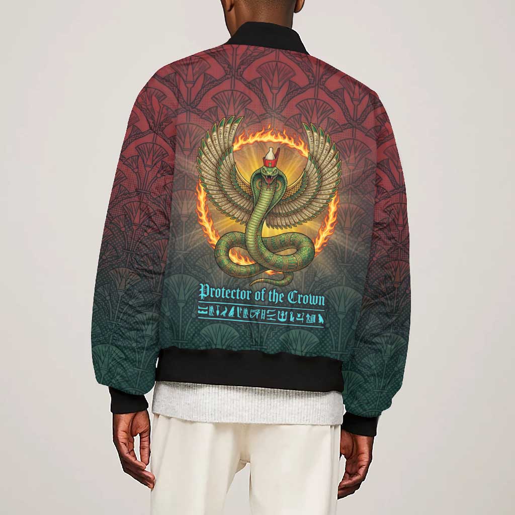 Egyptian Wadjet Winged Cobra Bomber Jacket with Eye of Horus in Fiery Royal Protector Theme