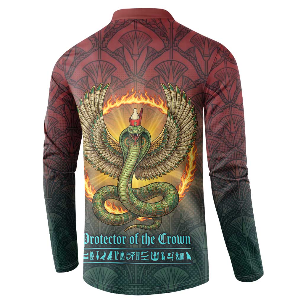 Egyptian Wadjet Winged Cobra Button Sweatshirt with Eye of Horus in Fiery Royal Protector Theme
