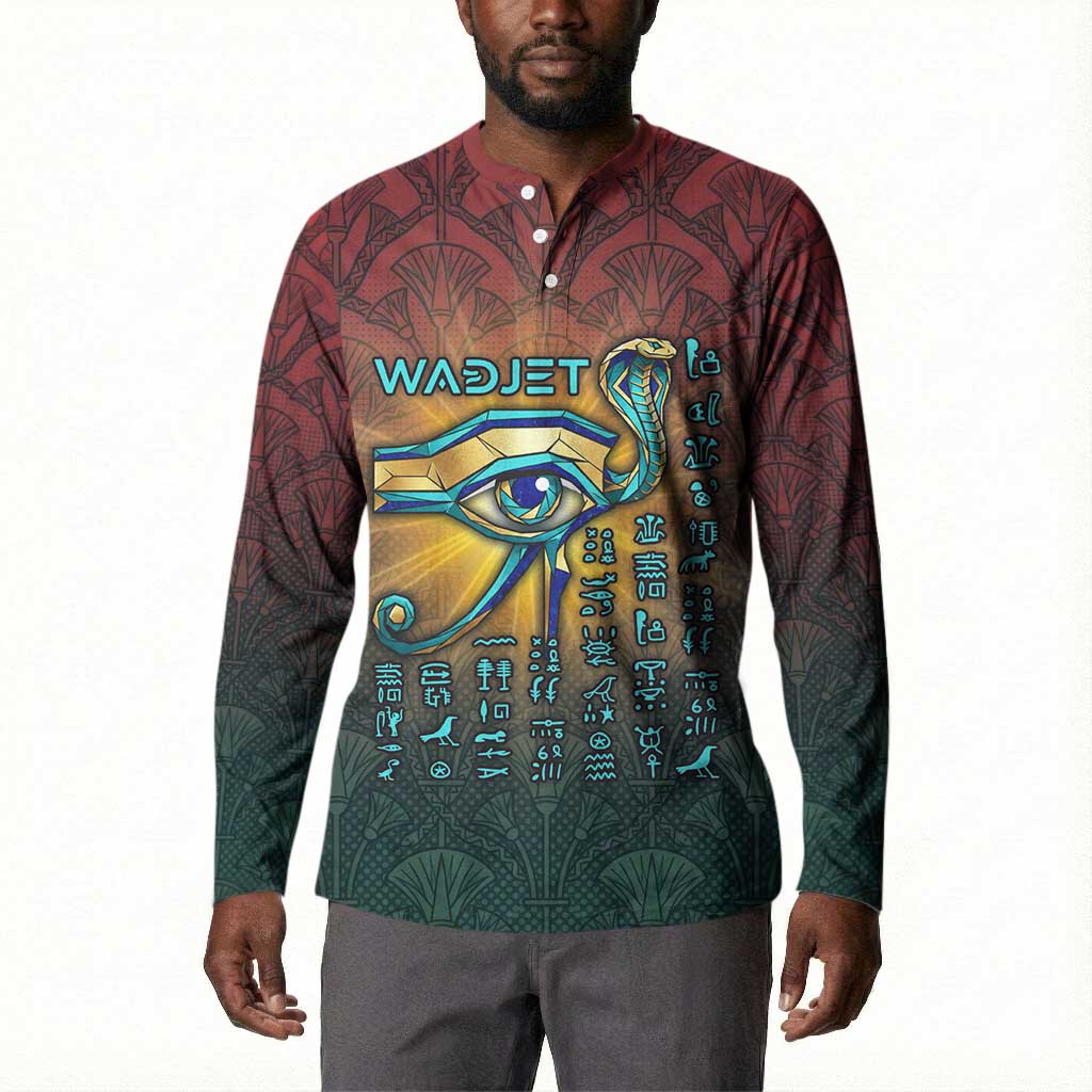 Egyptian Wadjet Winged Cobra Button Sweatshirt with Eye of Horus in Fiery Royal Protector Theme