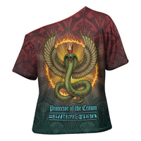 Egyptian Wadjet Winged Cobra Cross Shoulder Shirt with Eye of Horus in Fiery Royal Protector Theme