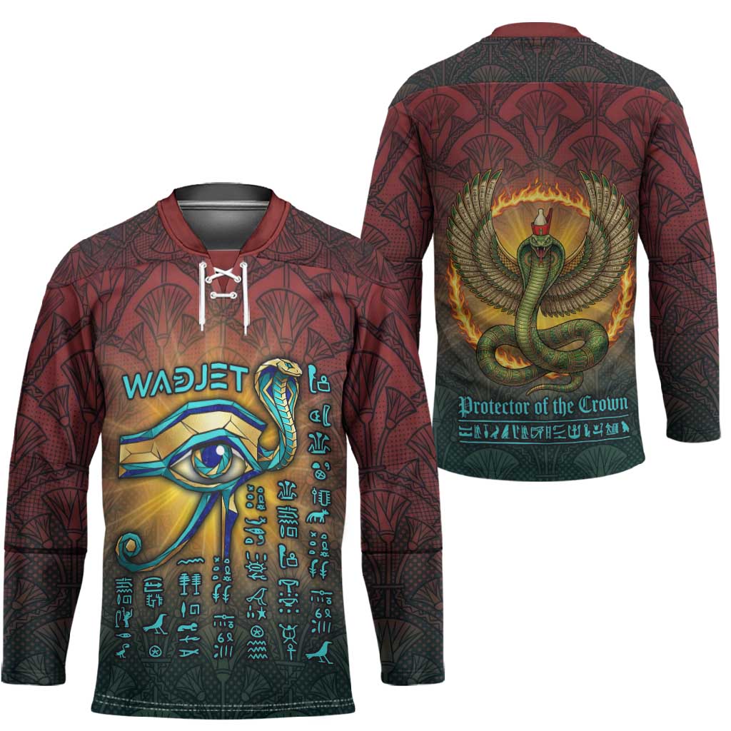 Egyptian Wadjet Winged Cobra Hockey Jersey with Eye of Horus in Fiery Royal Protector Theme