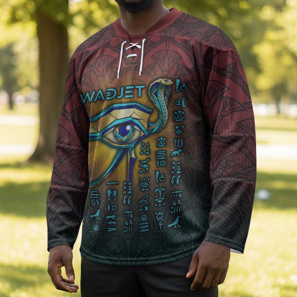 Egyptian Wadjet Winged Cobra Hockey Jersey with Eye of Horus in Fiery Royal Protector Theme