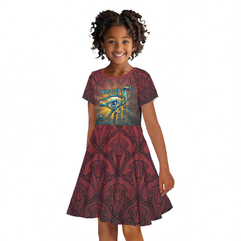 Egyptian Wadjet Winged Cobra Kid Short Sleeve Dress with Eye of Horus in Fiery Royal Protector Theme