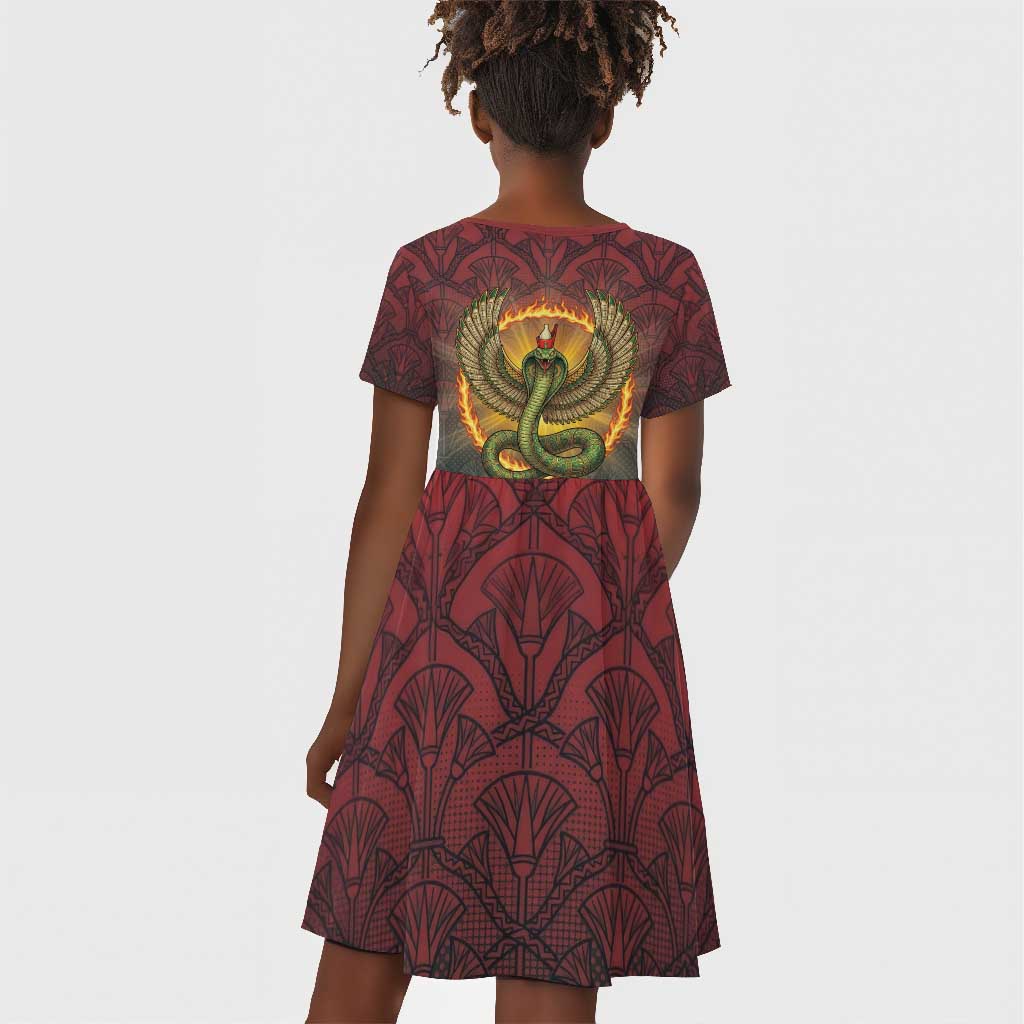 Egyptian Wadjet Winged Cobra Kid Short Sleeve Dress with Eye of Horus in Fiery Royal Protector Theme