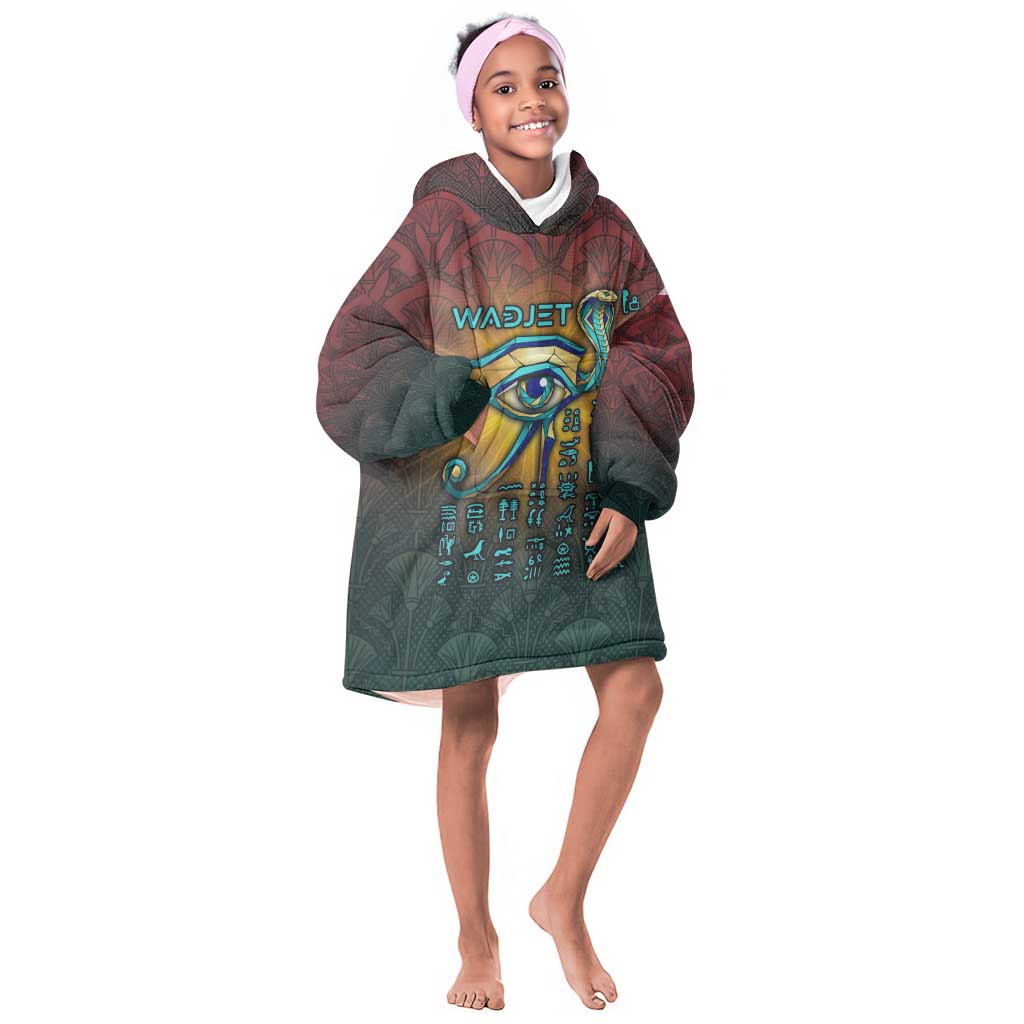Egyptian Wadjet Winged Cobra Kid Wearable Blanket Hoodie with Eye of Horus in Fiery Royal Protector Theme
