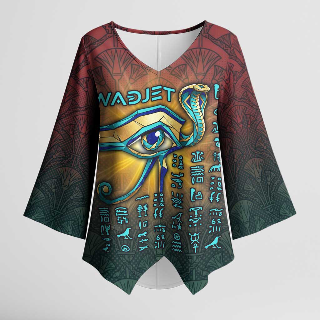 Egyptian Wadjet Winged Cobra Kimono Sleeve Blouse with Eye of Horus in Fiery Royal Protector Theme