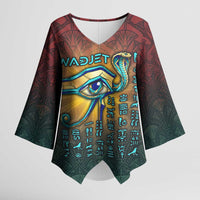 Egyptian Wadjet Winged Cobra Kimono Sleeve Blouse with Eye of Horus in Fiery Royal Protector Theme