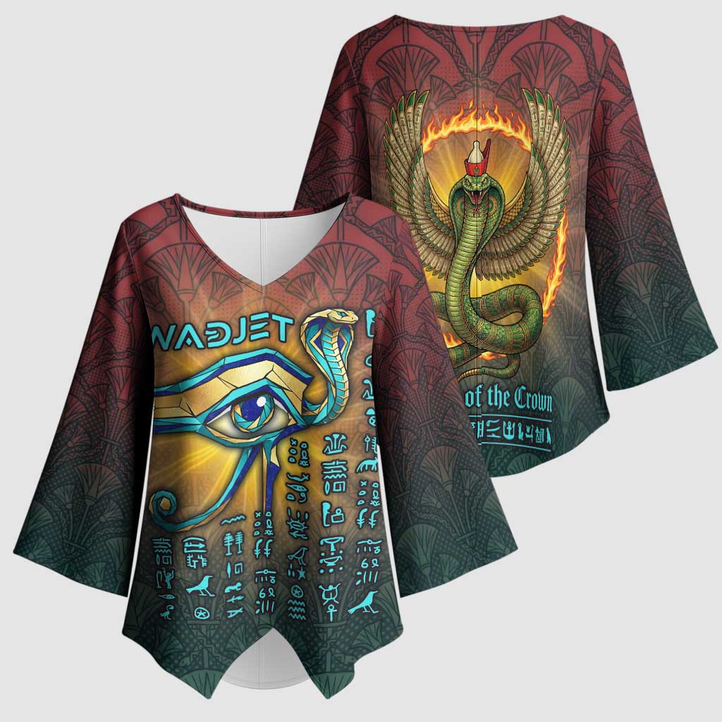 Egyptian Wadjet Winged Cobra Kimono Sleeve Blouse with Eye of Horus in Fiery Royal Protector Theme