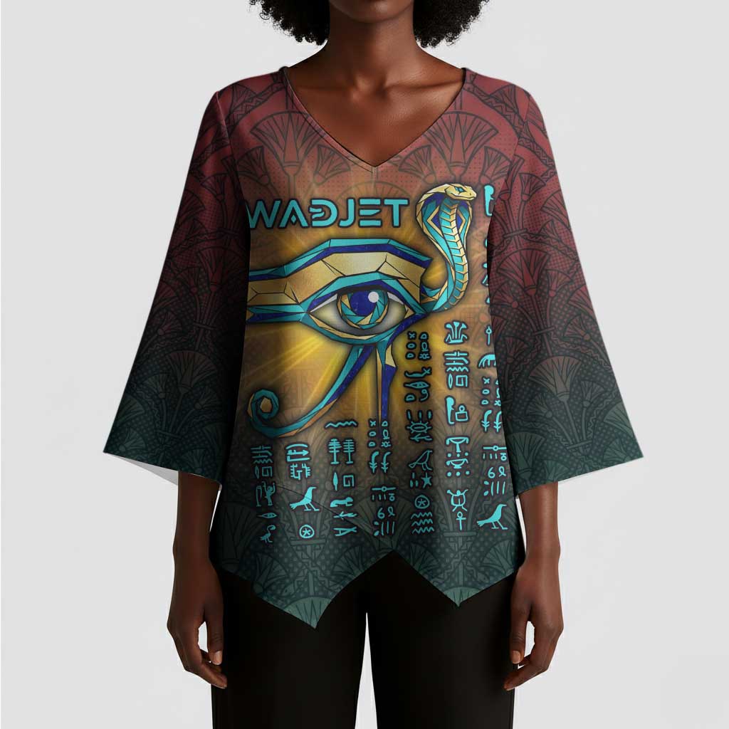 Egyptian Wadjet Winged Cobra Kimono Sleeve Blouse with Eye of Horus in Fiery Royal Protector Theme