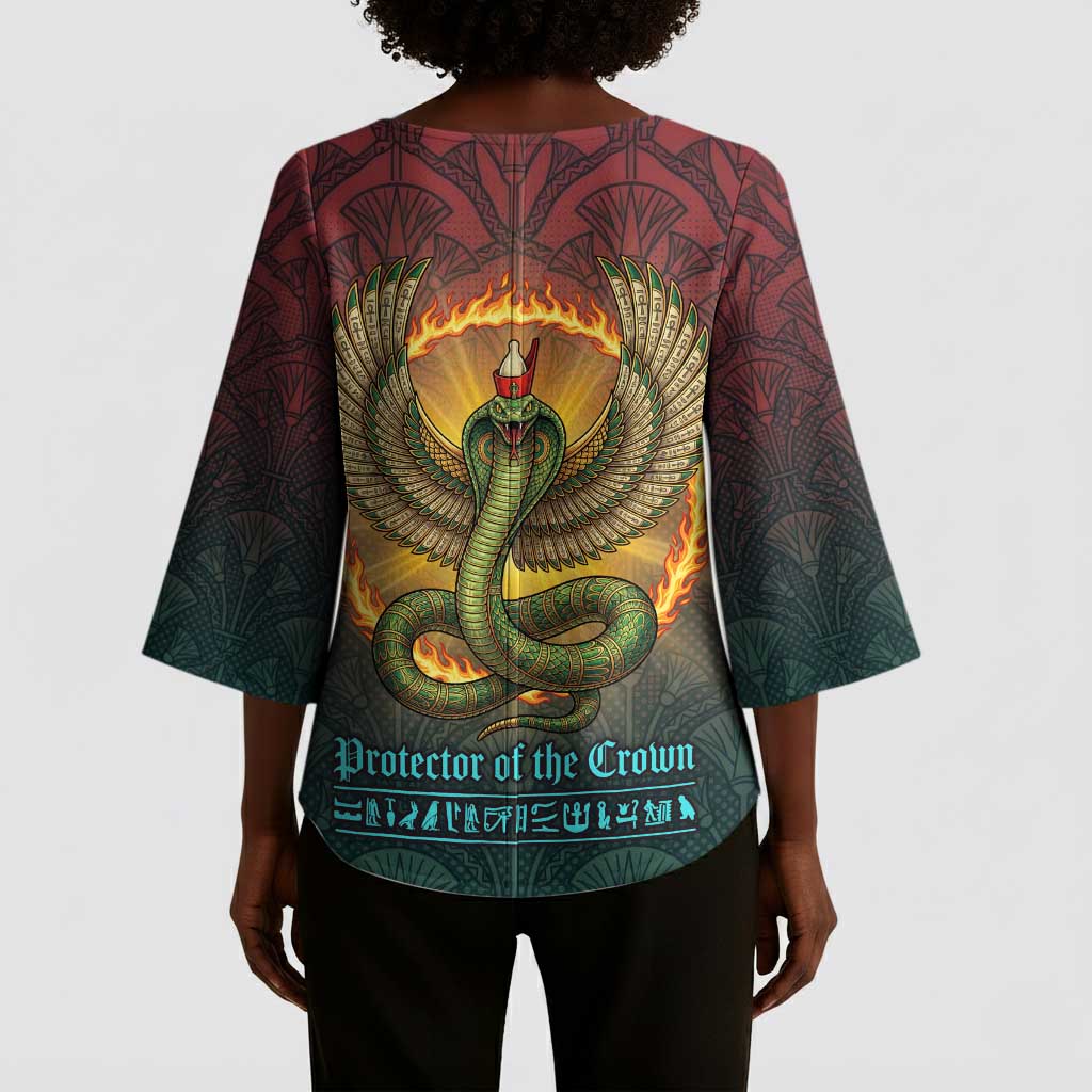 Egyptian Wadjet Winged Cobra Kimono Sleeve Blouse with Eye of Horus in Fiery Royal Protector Theme