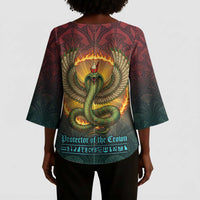 Egyptian Wadjet Winged Cobra Kimono Sleeve Blouse with Eye of Horus in Fiery Royal Protector Theme