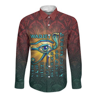 Egyptian Wadjet Winged Cobra Long Sleeve Button Shirt with Eye of Horus in Fiery Royal Protector Theme