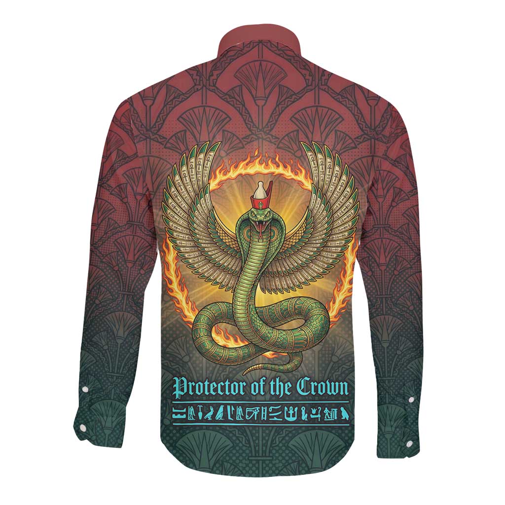 Egyptian Wadjet Winged Cobra Long Sleeve Button Shirt with Eye of Horus in Fiery Royal Protector Theme