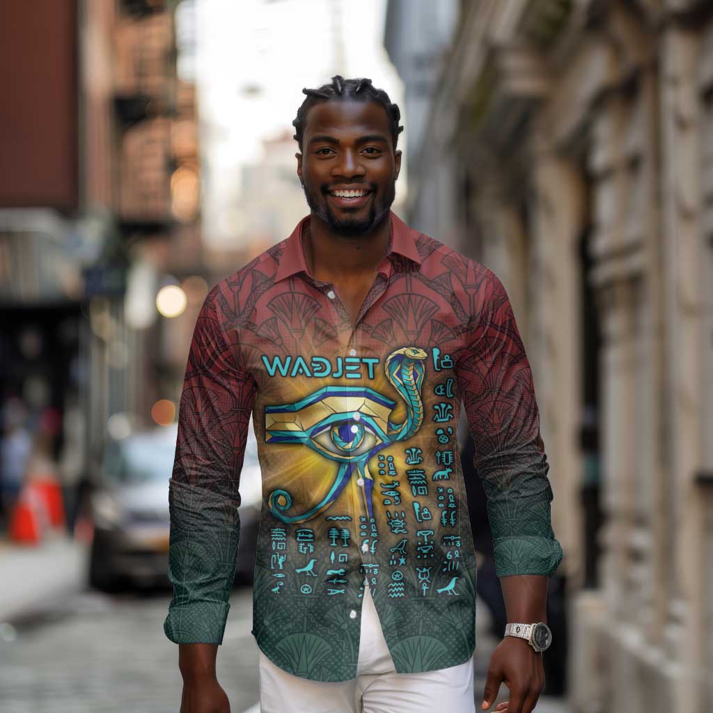 Egyptian Wadjet Winged Cobra Long Sleeve Button Shirt with Eye of Horus in Fiery Royal Protector Theme