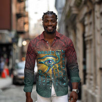 Egyptian Wadjet Winged Cobra Long Sleeve Button Shirt with Eye of Horus in Fiery Royal Protector Theme